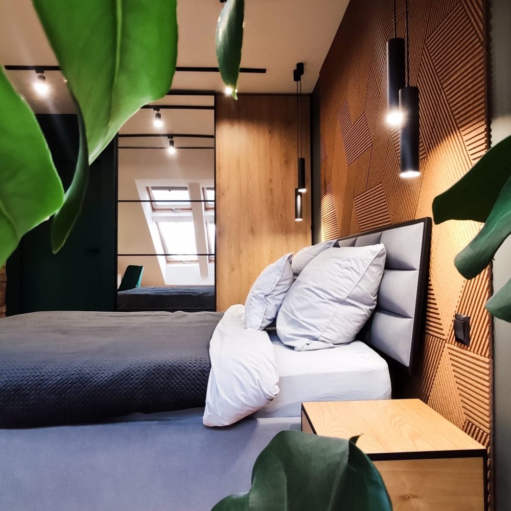 sypialnia loft korkowy Studio86 projektowanie i aranżacja wnętrz